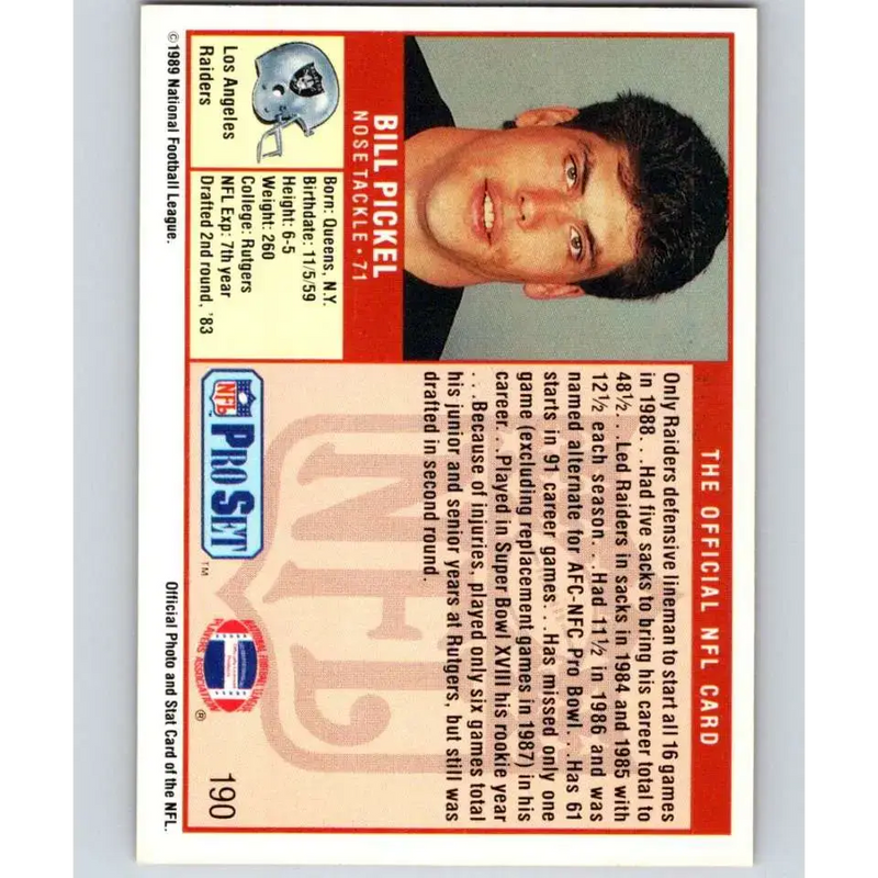 1989 Pro Set #190 Bill Pickel NM-MT Los Angeles Raiders Football Card - Football Card Single