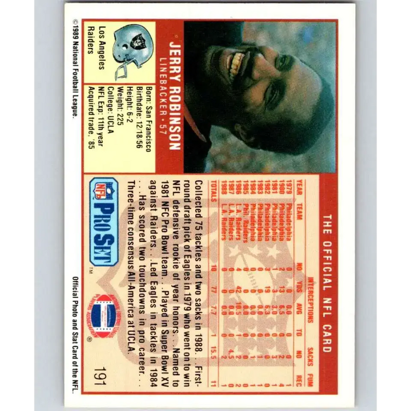 1989 Pro Set #191 Jerry Robinson UER NM-MT Los Angeles Raiders Football Card - Football Card Single