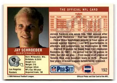 Jay Schroeder 1989 Pro Set trading card #192 featuring the NFL quarterback