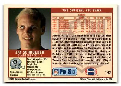 Jay Schroeder 1989 Pro Set #192 trading card showcasing the NFL quarterback