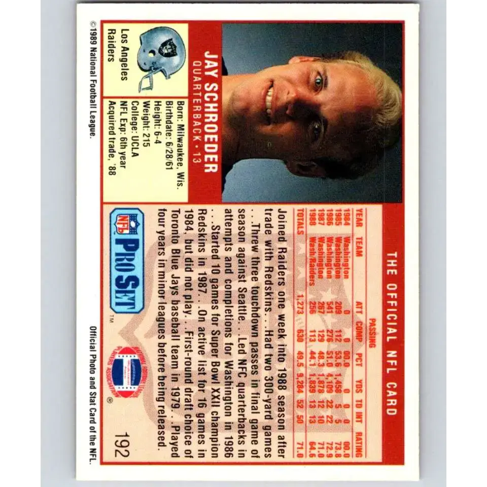 1989 Pro Set #192 Jay Schroeder NM-MT Los Angeles Raiders Football Card - Football Card Single