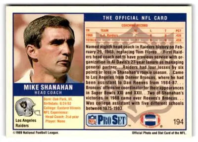 1989 Pro Set Mike Shanahan NFL football card Los Angeles Raiders collectible