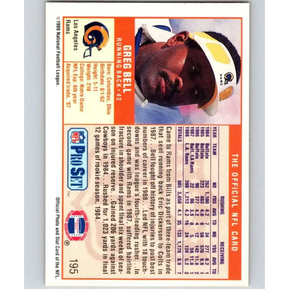 1989 Pro Set #195 Greg Bell NM-MT Los Angeles Rams Football Card - Football Card Single