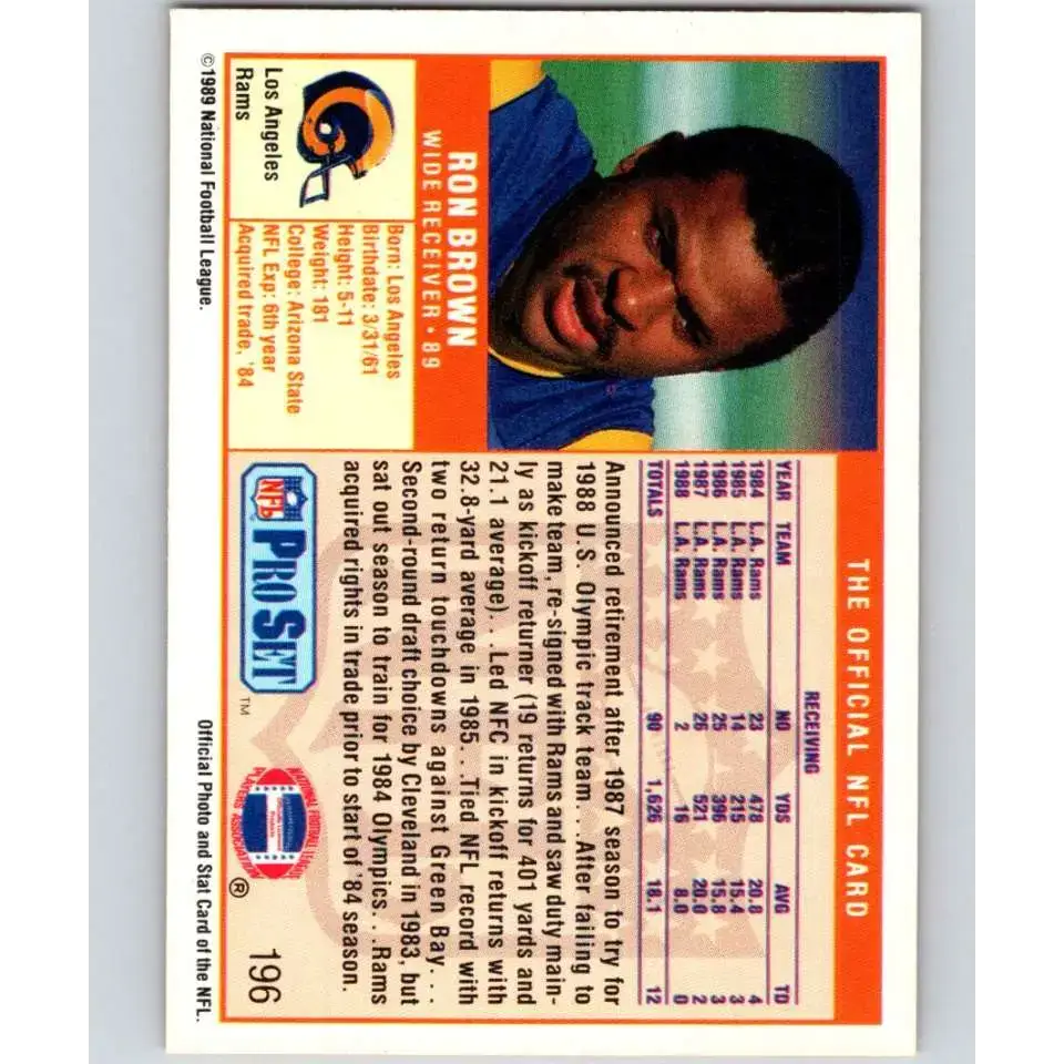 1989 Pro Set #196 Ron Brown NM-MT Los Angeles Rams Football Card - Football Card Single