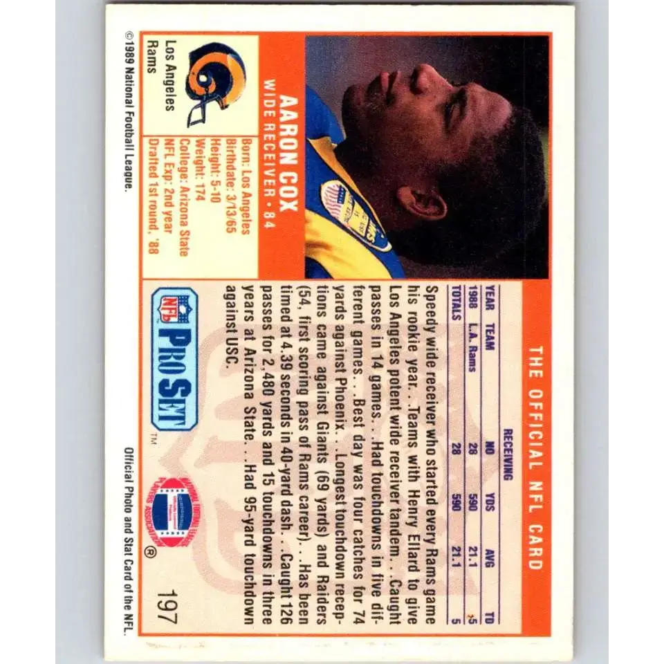 1989 Pro Set #197 Aaron Cox NM-MT RC Rookie Los Angeles Rams Football Card