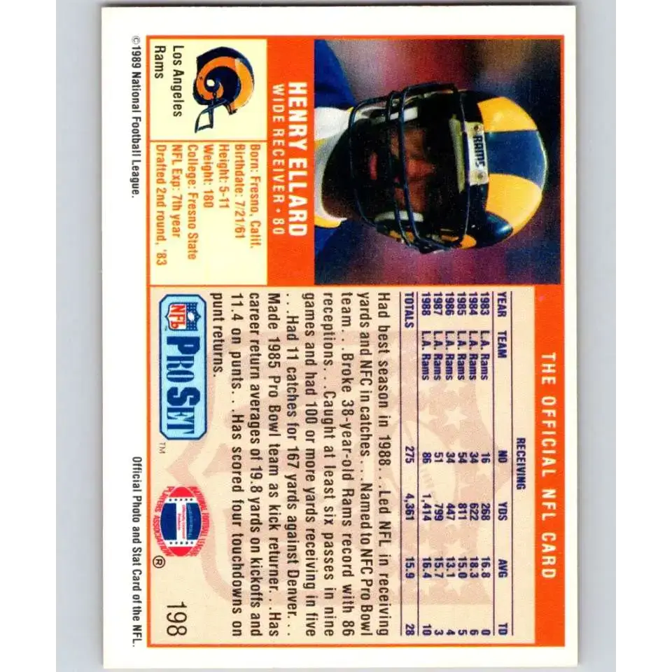 1989 Pro Set #198 Henry Ellard NM-MT Los Angeles Rams Football Card - Football Card Single