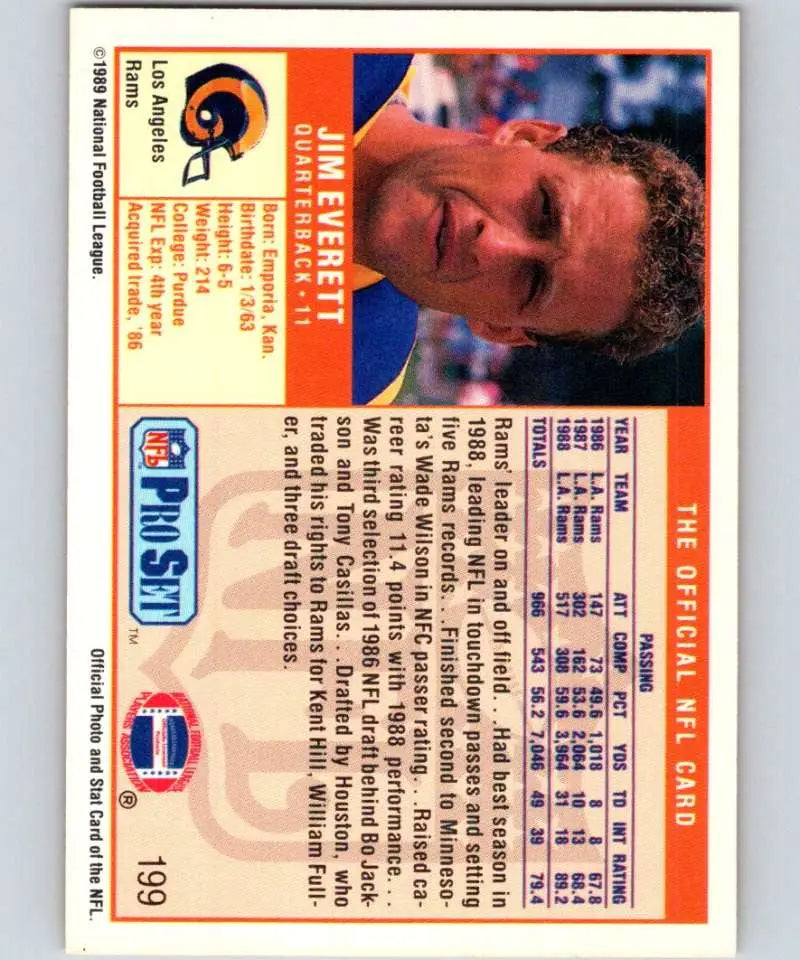 1989 Pro Set #199 Jim Everett EX Excellent Los Angeles Rams Football Card - Football Card Single