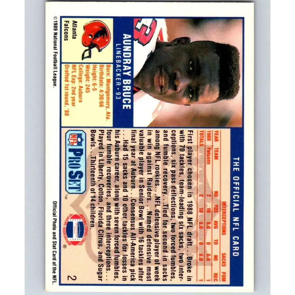 1989 Pro Set #2 Aundray Bruce NM-MT RC Rookie Atlanta Falcons Football Card