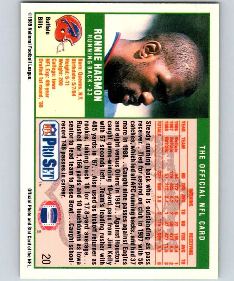 1989 Pro Set #20 Ronnie Harmon EX Excellent Buffalo Bills Football Card - Football Card Single