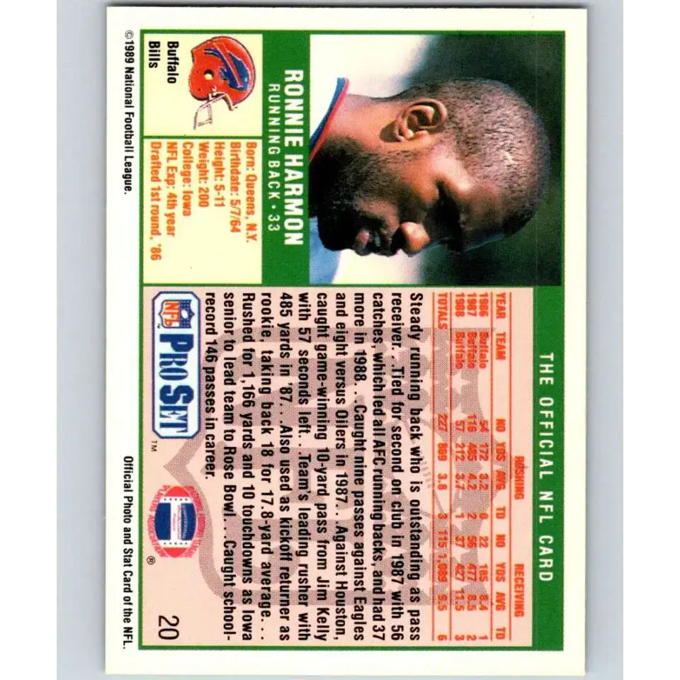 1989 Pro Set #20 Ronnie Harmon NM-MT Buffalo Bills Football Card - Football Card Single