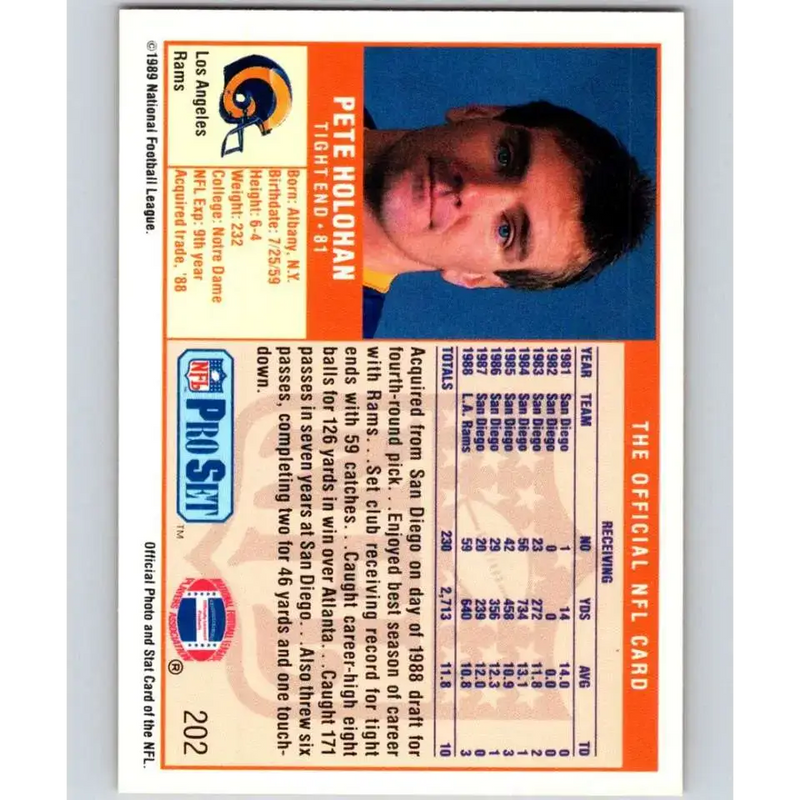 1989 Pro Set #202 Pete Holohan NM-MT Los Angeles Rams Football Card - Football Card Single