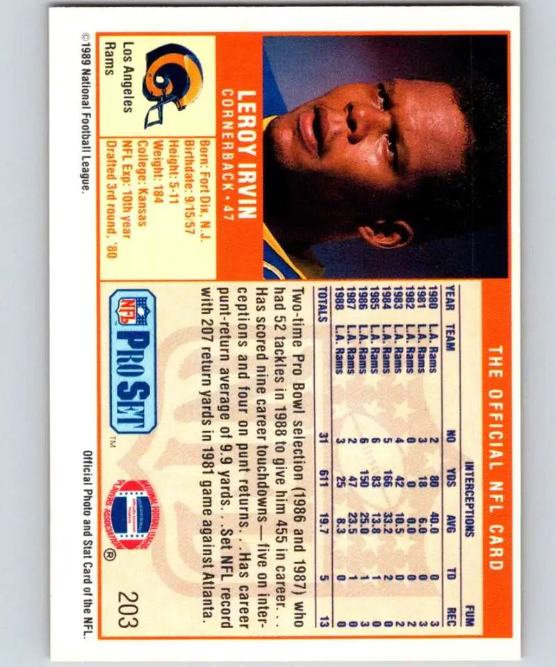 1989 Pro Set #203 LeRoy Irvin EX Excellent Los Angeles Rams Football Card - Football Card Single