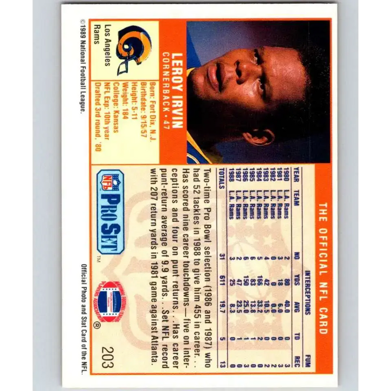 1989 Pro Set #203 LeRoy Irvin NM-MT Los Angeles Rams Football Card - Football Card Single