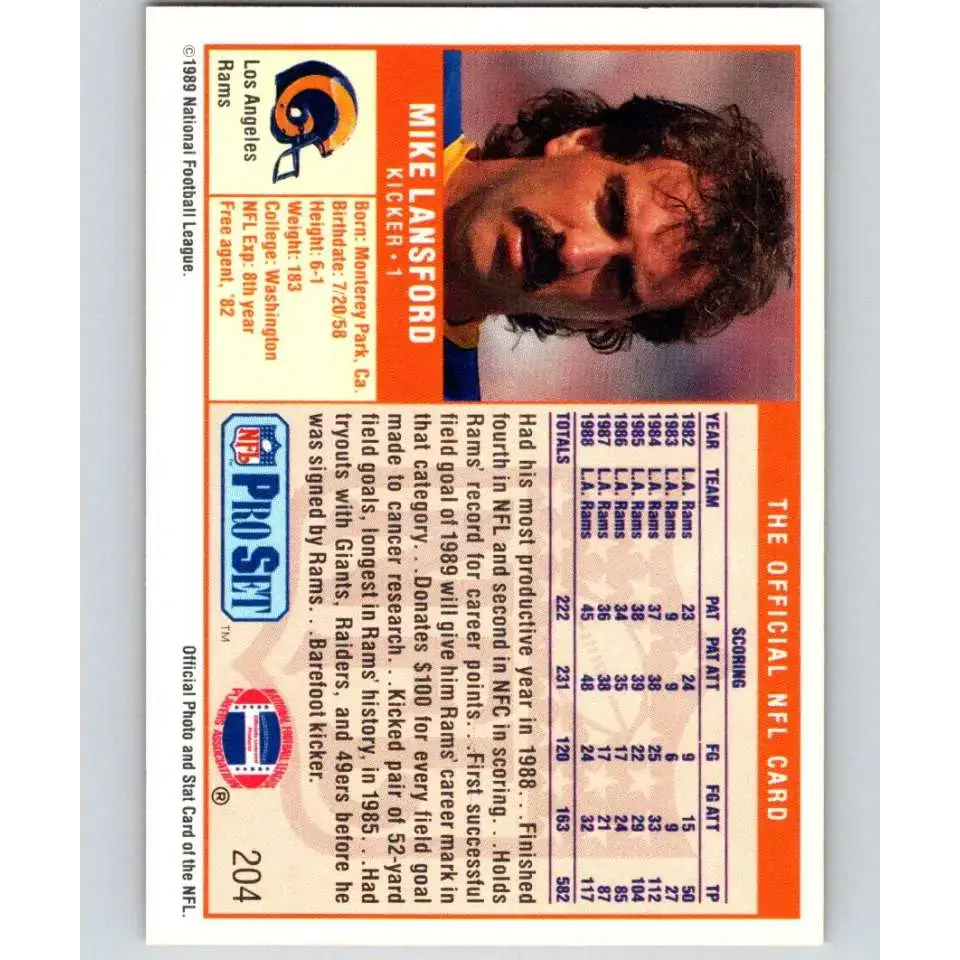 1989 Pro Set #204 Mike Lansford NM-MT Los Angeles Rams Football Card - Football Card Single