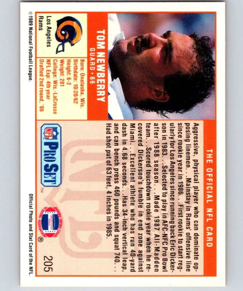 1989 Pro Set #205 Tom Newberry EX Excellent RC Rookie Los Angeles Rams Football Card - Football Card Single