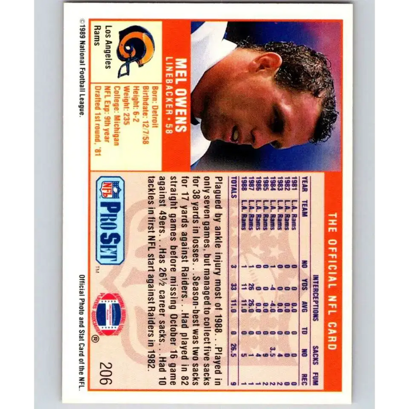 1989 Pro Set #206 Mel Owens NM-MT Los Angeles Rams Football Card - Football Card Single
