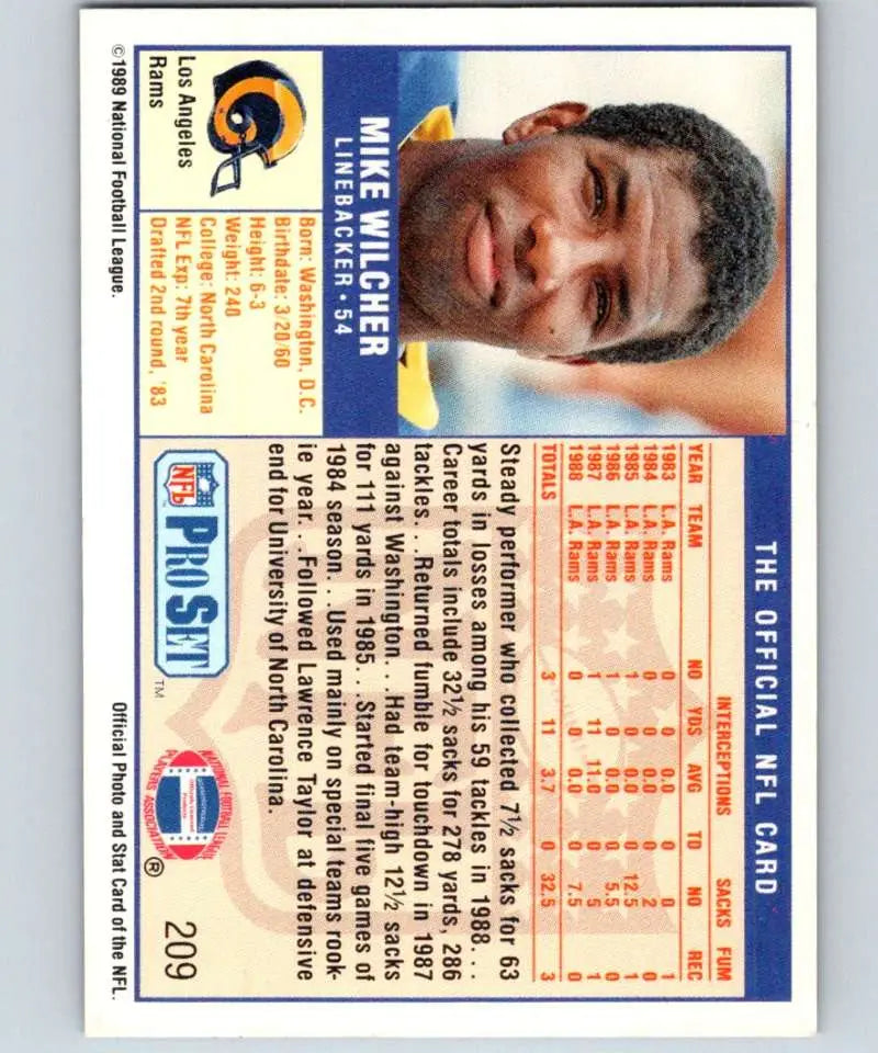 1989 Pro Set #209 Mike Wilcher EX Excellent Los Angeles Rams Football Card - Football Card Single