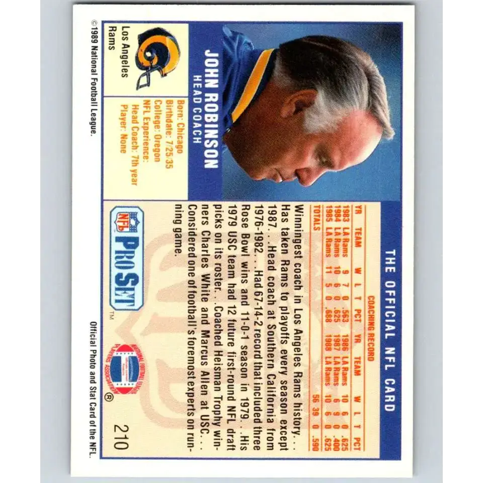 1989 Pro Set #210 John Robinson CO NM-MT Los Angeles Rams Football Card - Football Card Single