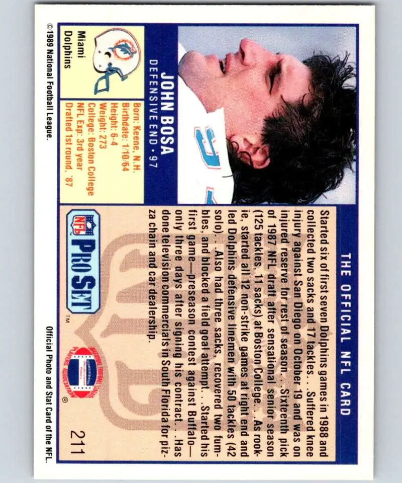 1989 Pro Set #211 John Bosa EX Excellent Miami Dolphins Football Card - Football Card Single
