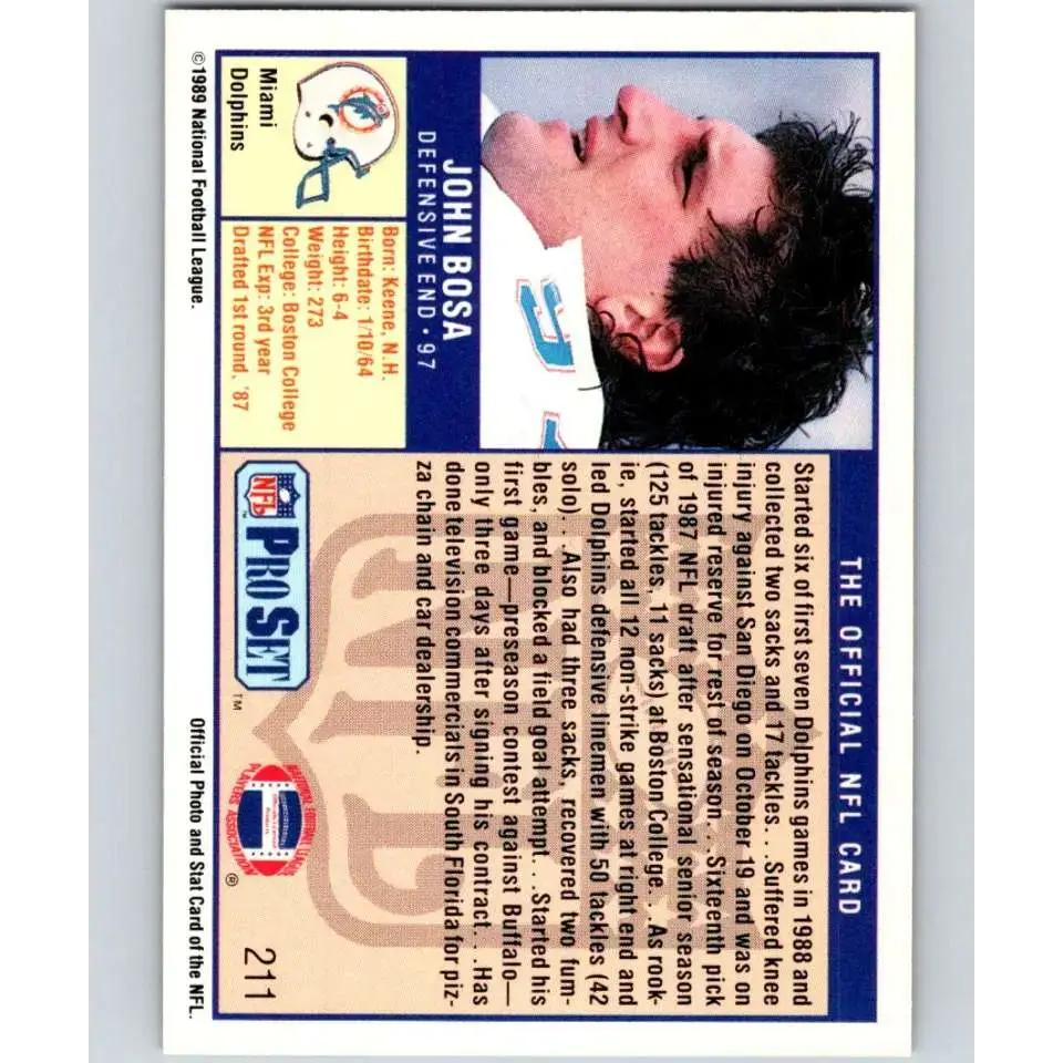 1989 Pro Set #211 John Bosa NM-MT Miami Dolphins Football Card - Football Card Single