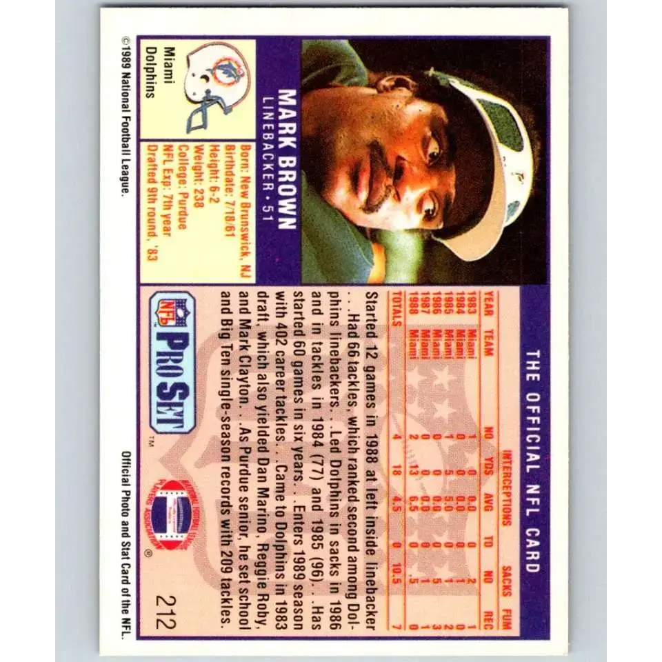 1989 Pro Set #212 Mark Brown NM-MT Miami Dolphins Football Card - Football Card Single