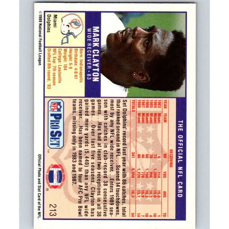 1989 Pro Set #213 Mark Clayton NM-MT Miami Dolphins Football Card - Football Card Single
