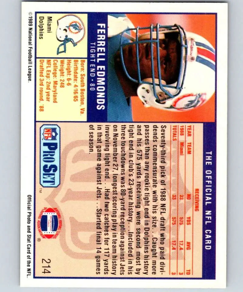 1989 Pro Set #214 Ferrell Edmunds EX Excellent RC Rookie Miami Dolphins Football Card - Football Card Single