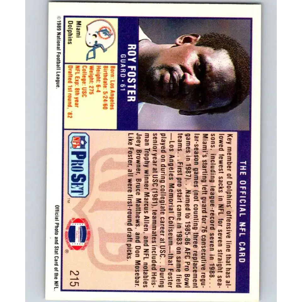 1989 Pro Set #215 Roy Foster NM-MT Miami Dolphins Football Card - Football Card Single