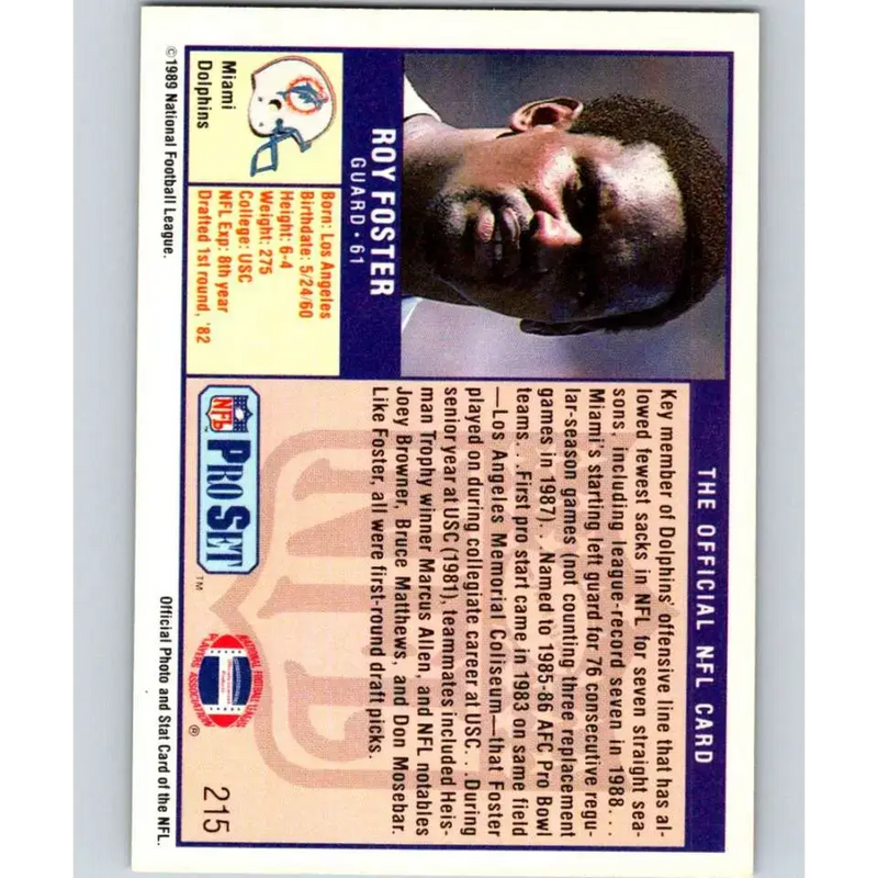 1989 Pro Set #215 Roy Foster NM-MT Miami Dolphins Football Card - Football Card Single
