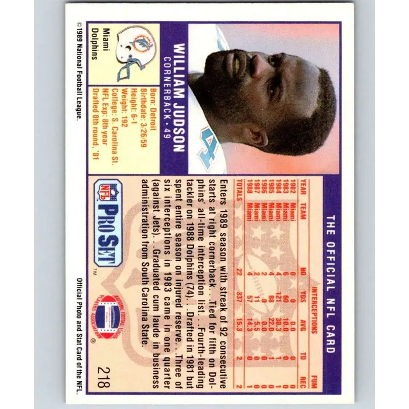 1989 Pro Set #218 William Judson NM-MT Miami Dolphins Football Card - Football Card Single