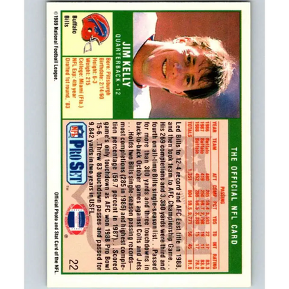 1989 Pro Set #22 Jim Kelly NM-MT Buffalo Bills Football Card