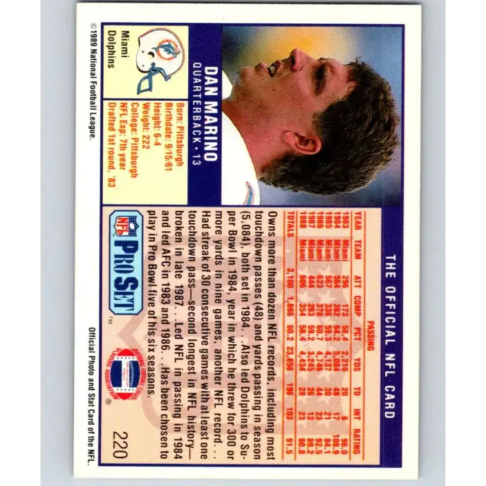 1989 Pro Set #220 Dan Marino NM-MT Miami Dolphins Football Card