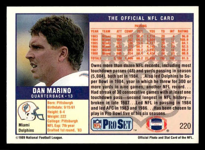 Vintage Dan Marino football card from 1989 Pro Set featuring Miami Dolphins player