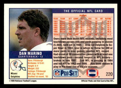 Vintage 1989 Pro Set Dan Marino football trading card featuring Dan Marino quarterback