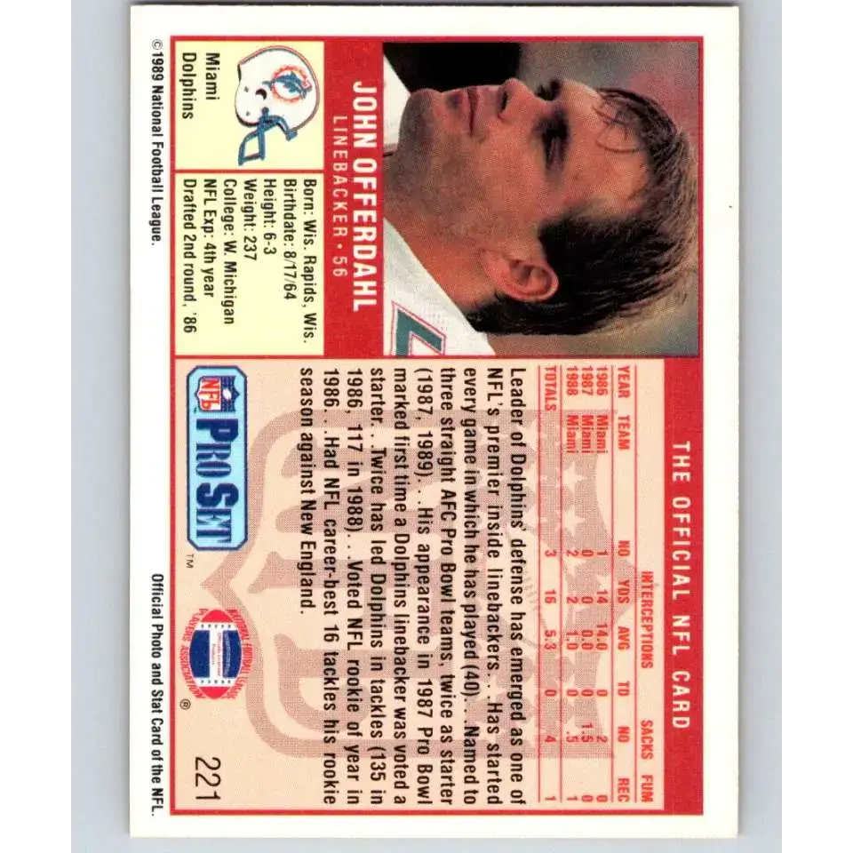 1989 Pro Set #221 John Offerdahl NM-MT Miami Dolphins Football Card - Football Card Single