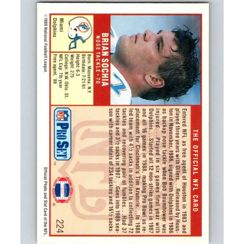 1989 Pro Set #224 Brian Sochia NM-MT Miami Dolphins Football Card - Football Card Single