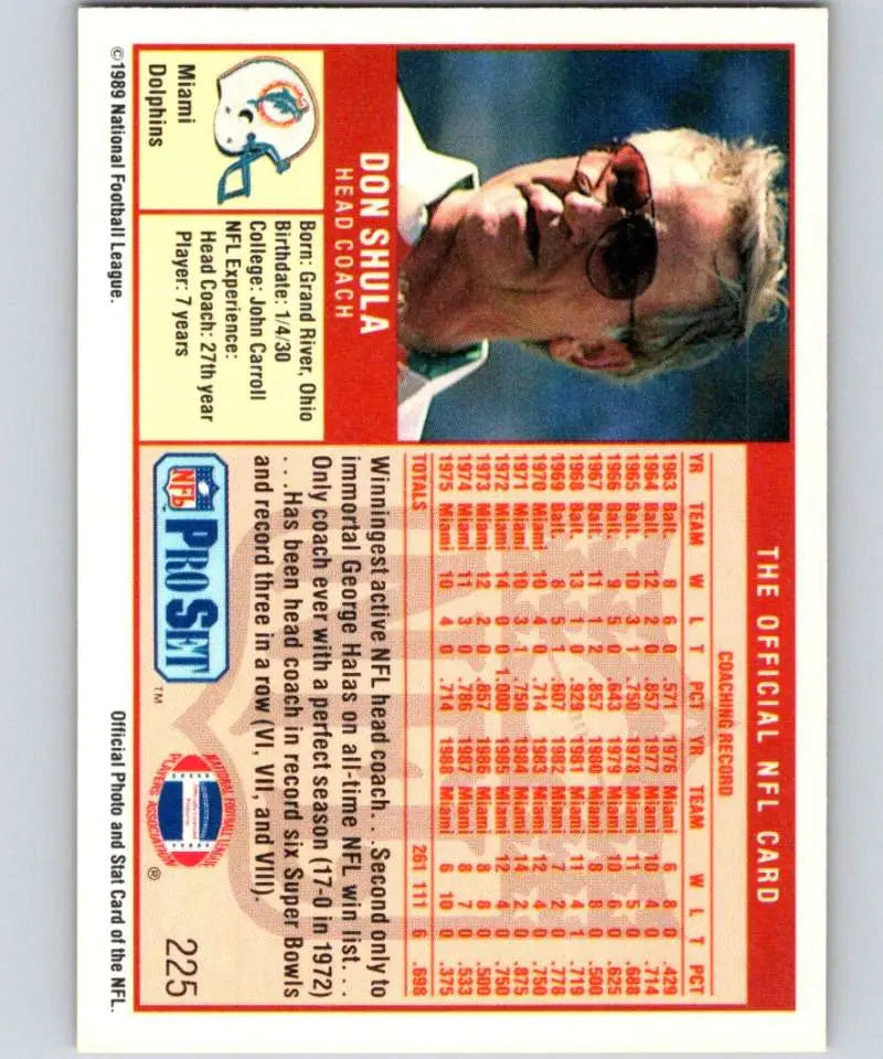1989 Pro Set #225 Don Shula/ EX Excellent RC Rookie Miami Dolphins Football Card - Football Card Single