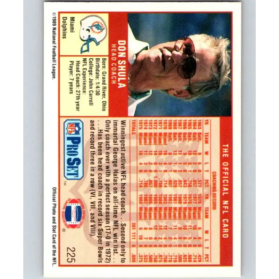 1989 Pro Set #225 Don Shula/ NM-MT RC Rookie Miami Dolphins Football Card - Football Card Single