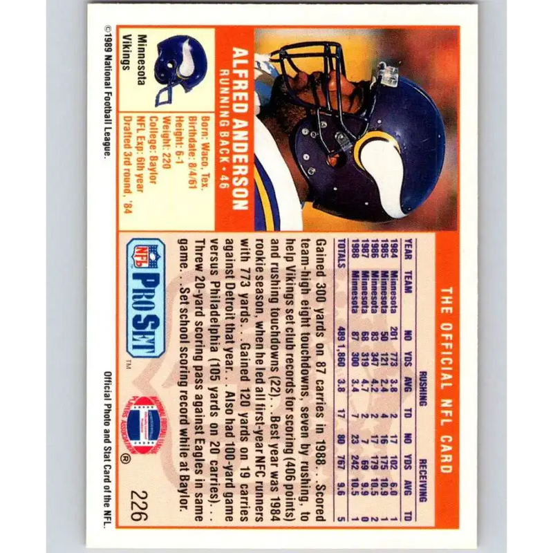 1989 Pro Set #226 Alfred Anderson NM-MT Minnesota Vikings Football Card - Football Card Single