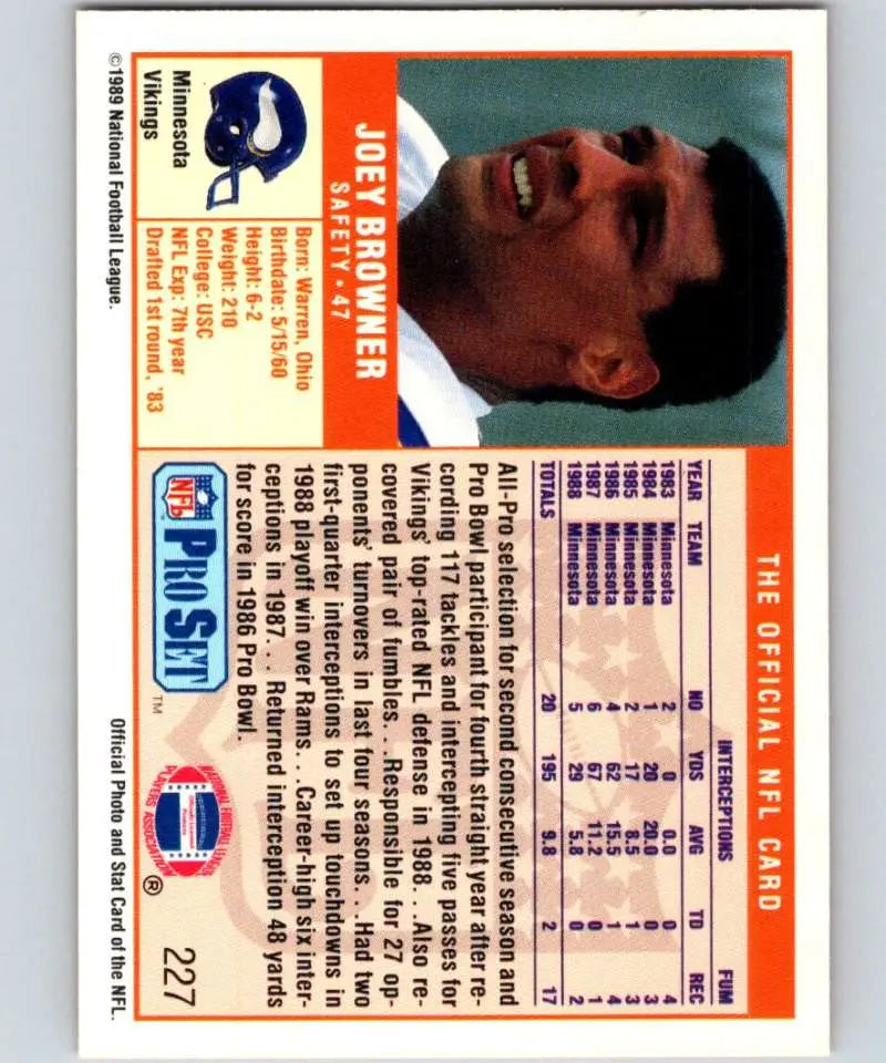 1989 Pro Set #227 Joey Browner EX Excellent Minnesota Vikings Football Card - Football Card Single
