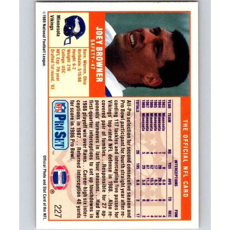 1989 Pro Set #227 Joey Browner NM-MT Minnesota Vikings Football Card - Football Card Single