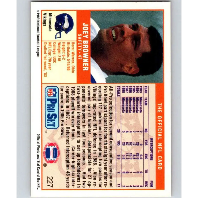 1989 Pro Set #227 Joey Browner NM-MT Minnesota Vikings Football Card - Football Card Single