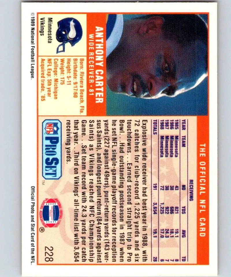 1989 Pro Set #228 Anthony Carter EX Excellent Minnesota Vikings Football Card - Football Card Single