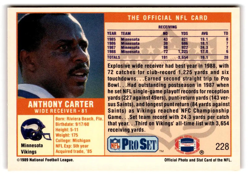 1989 Pro Set #228 Anthony Carter - Football Card Single