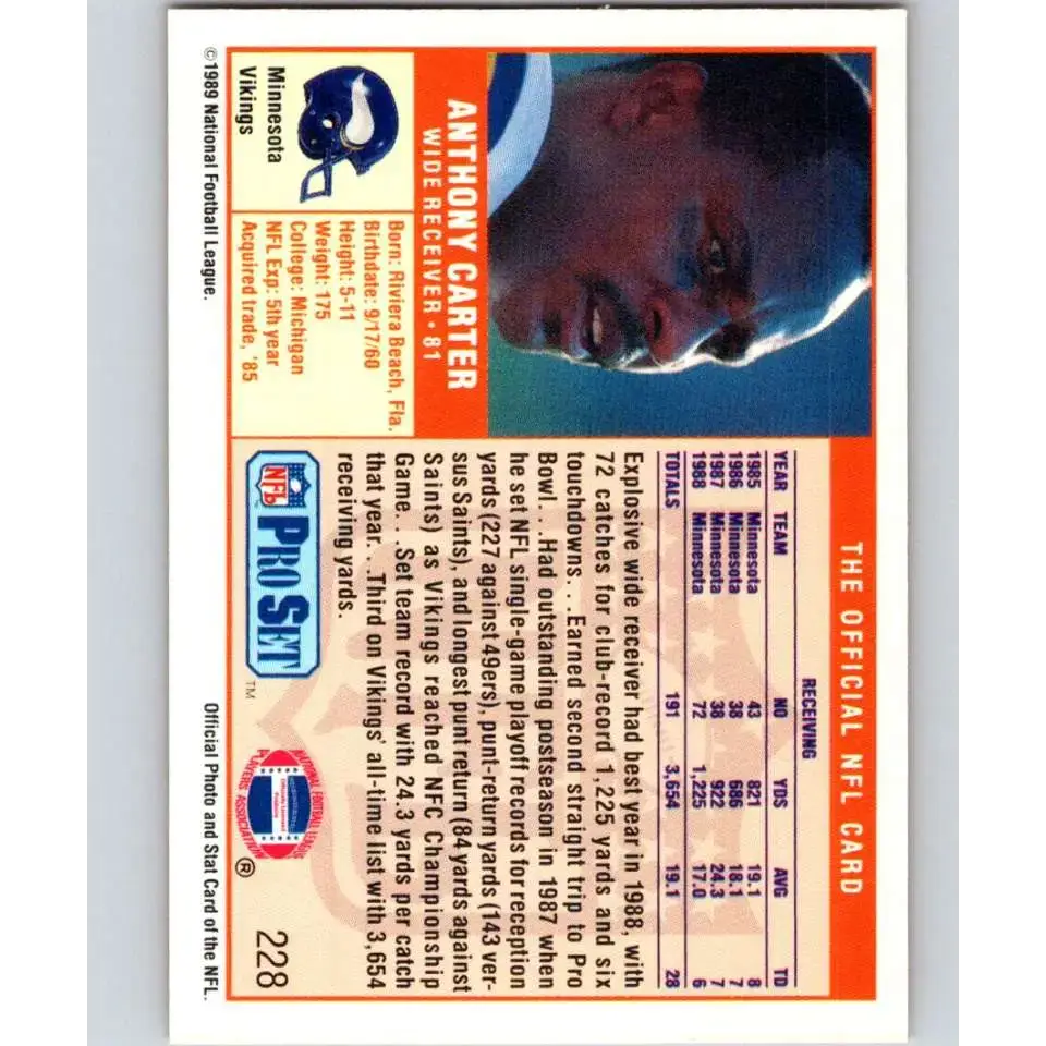 1989 Pro Set #228 Anthony Carter NM-MT Minnesota Vikings Football Card - Football Card Single