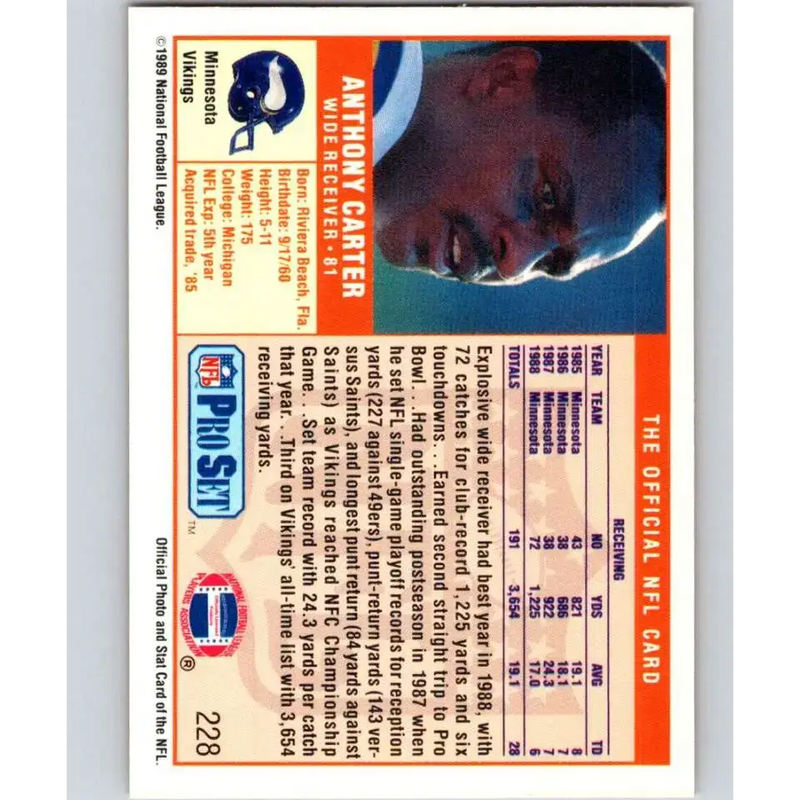 1989 Pro Set #228 Anthony Carter NM-MT Minnesota Vikings Football Card - Football Card Single