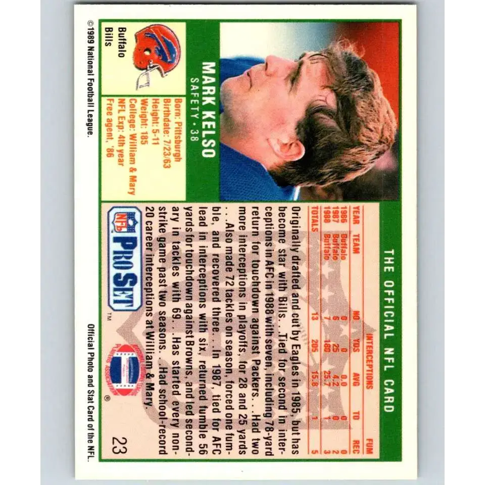 1989 Pro Set #23 Mark Kelso NM-MT Buffalo Bills Football Card