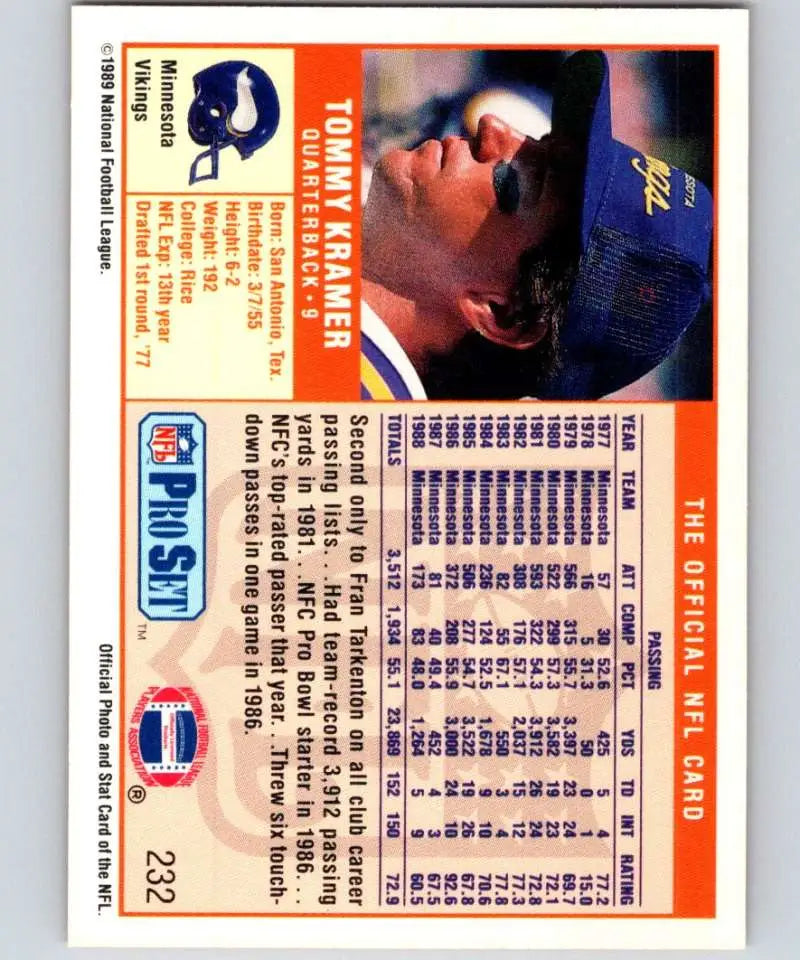 1989 Pro Set #232 Tommy Kramer EX Excellent Minnesota Vikings Football Card - Football Card Single