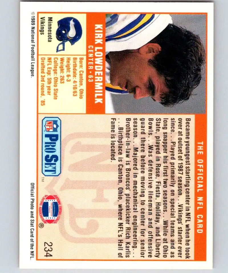 1989 Pro Set #234 Kirk Lowdermilk EX Excellent RC Rookie Minnesota Vikings Football Card - Football Card Single