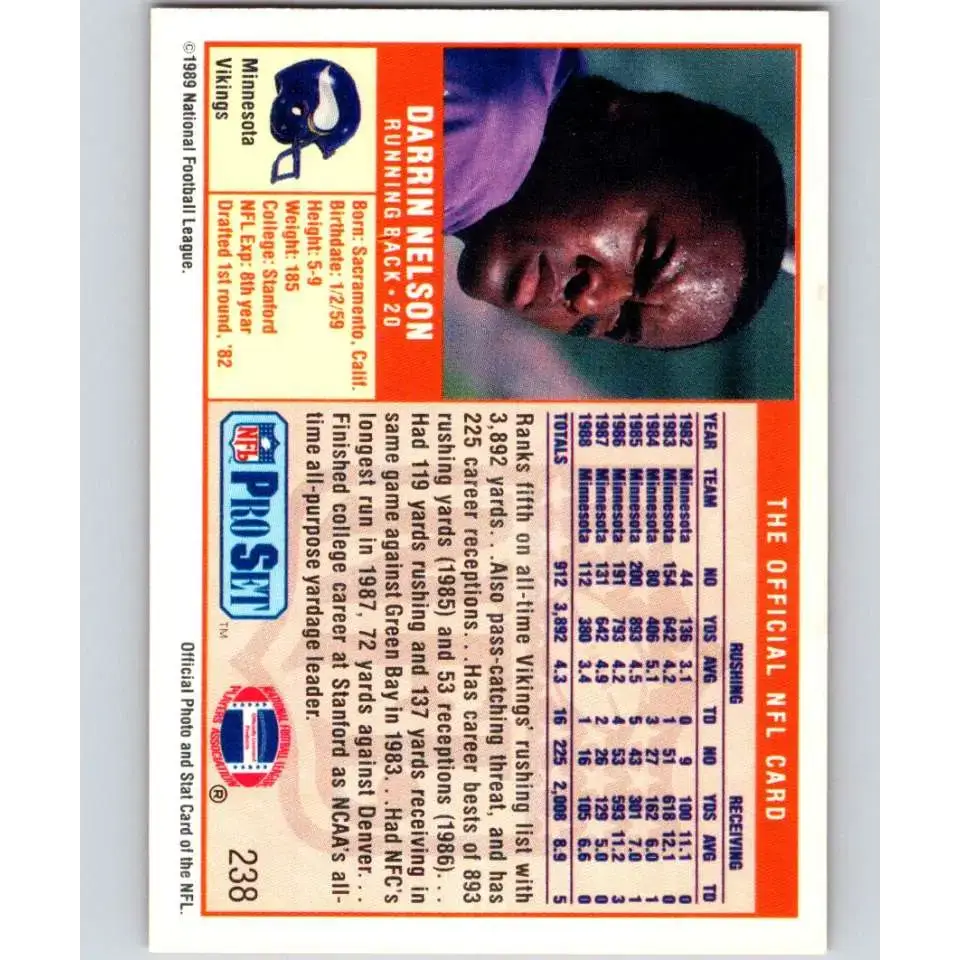 1989 Pro Set #238 Darrin Nelson NM-MT Minnesota Vikings Football Card - Football Card Single